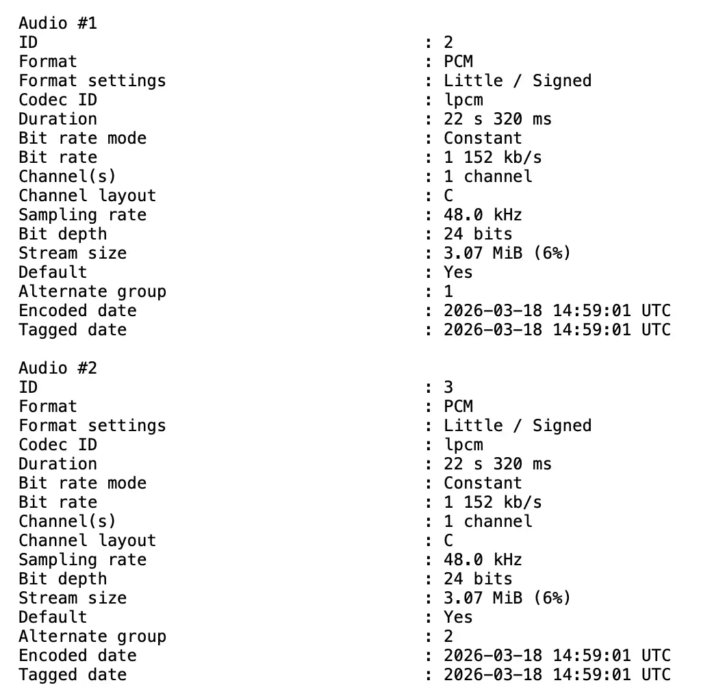 MediaInfo – 2 pistas, 1 canal cada una